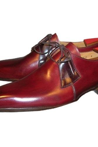 Maroon Party Derby Customize Lace Up Shinning Pure Leather Handcrafted Formal Dress Shoes