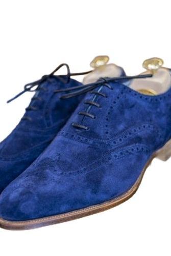 Oxford Royal Blue Premium Quality Handmade Brogue Wingtip Suede Leather Lace Up Contrast Sole Formal Wedding Shoes