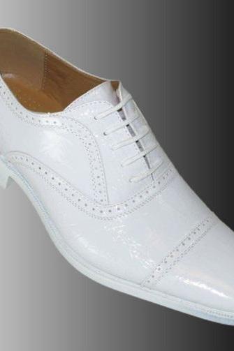 Business Executive White Oxford Patent Cap Toe Handcrafted Men's Lace Up Formal Genuine Cowhide Leather Dress Shoes