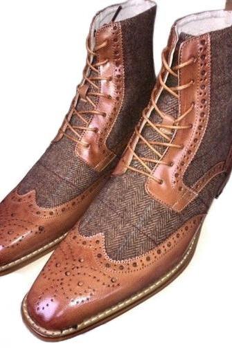 Derby Personalized Tweed Genuine Leather Men's Patina Brogue Wingtip Hand Stitched Formal Lace Up Ankle Boots