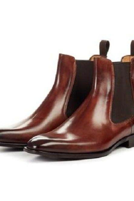 Brown Patent Hand Stitched Chelsea Slip On Back Pull Pure Leather Elastic Panel Men's Formal Ankle Boots