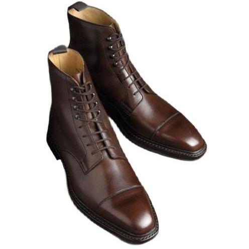 Derby Chocolate Brown Handcrafted Cap Toe Back Pull Premium Leather Men's Lace Up Formal Ankle Dress Boots