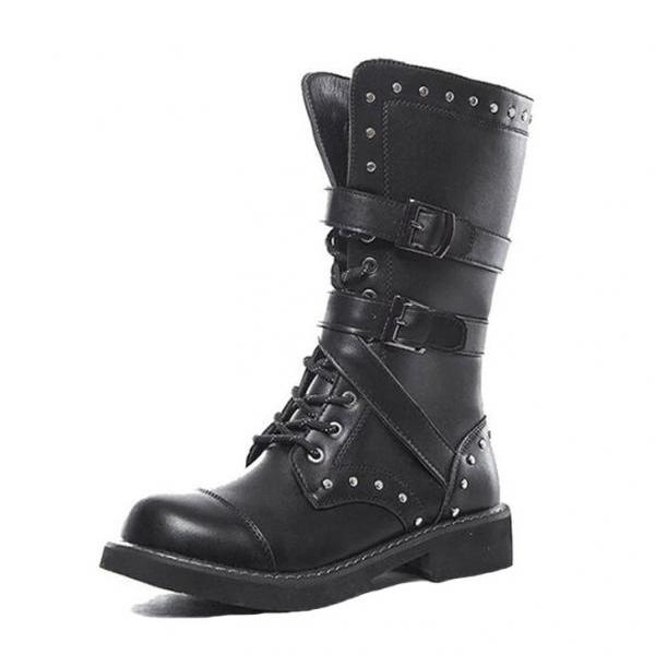 Combatant's Studs Round Buckle Strap Cowhide Leather Cap Toe High Lace Up Military Long Ankle Boots