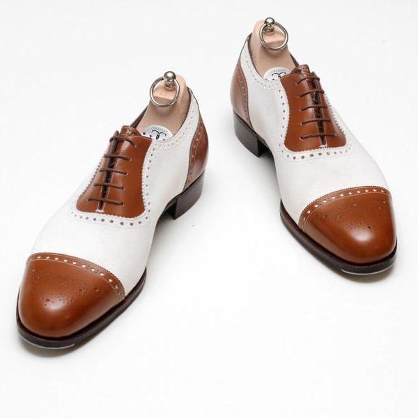 Handmade MENS Oxford Brogues Brown And White Color Dress Shoes With ...