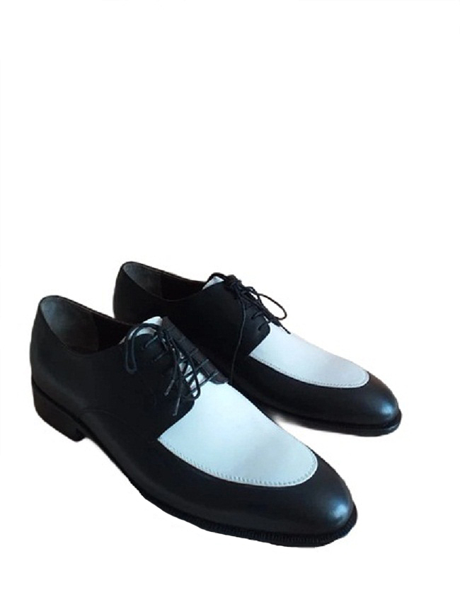 Saddle Derby Black And White Dress Shoes, Handcrafted Lace Up Apron Toe ...